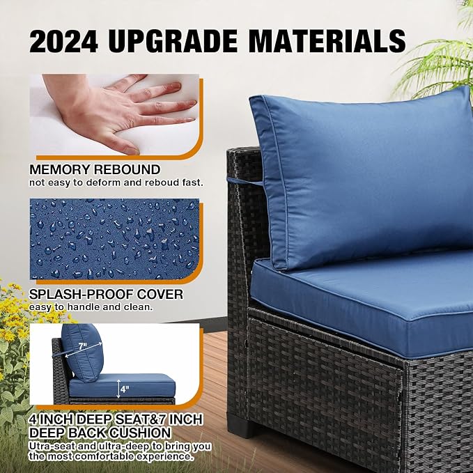 JOYURE 7 Pieces Patio Furniture Set All-Weather Outdoor Wicker Sectional Conversation Sofa Rattan Patio Seating Sofa with Cushion and Glass Table and Ottoman for Porch Poolside,Navy