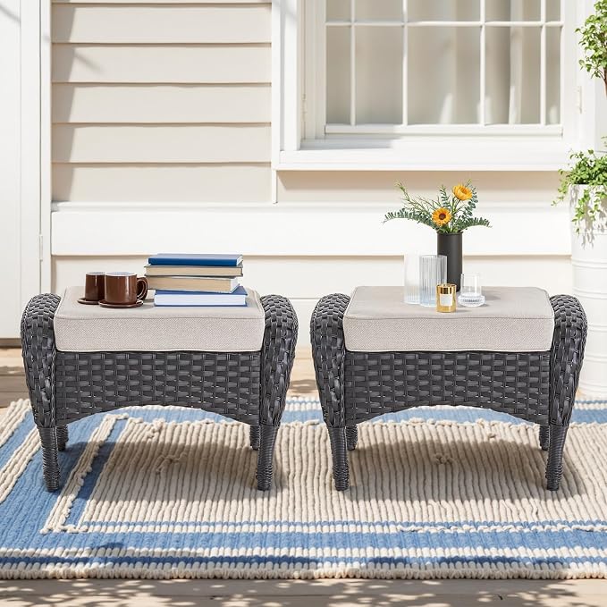 Belord Outdoor Ottomans for Patio Foot Rest - 25 Inch PE Wicker Foot Stool Set of 2 with Removable Cushions for Patio Furniture Sets,All Weather Rattan Ottoman for Balcony Backyard Black/Beige