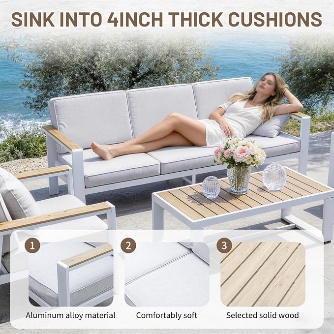 Aluminum Patio Furniture Set, Modern Metal Outdoor Conversation Sectional Sofa with Washable Thick Cushions, Coffee Table and Waterproof Cover (White, 1088-5seat)