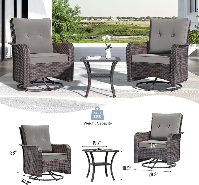 Kullavik Outdoor Swivel Chairs Set of 2,Patio Wicker Rocker Chairs with 4" Thick Cushions and Side Table,Patio Conversation Furniture Set for Patio Porch Deck Backyard,Grey