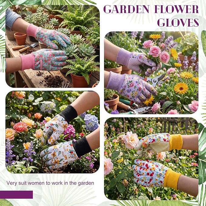 Queekay 8 Pairs Garden Gloves for Women Floral Gardening Gloves Breathable Cotton with Grip