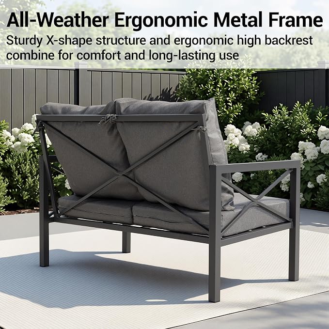 4-Piece All-Weather Metal Patio Furniture Set, Sectional Conversation Sofa w/Coffee Table, Heavy Duty Steel Frame & Washable Cushions for Backyard Garden (Grey, Furniture Set（X-Shaped）)