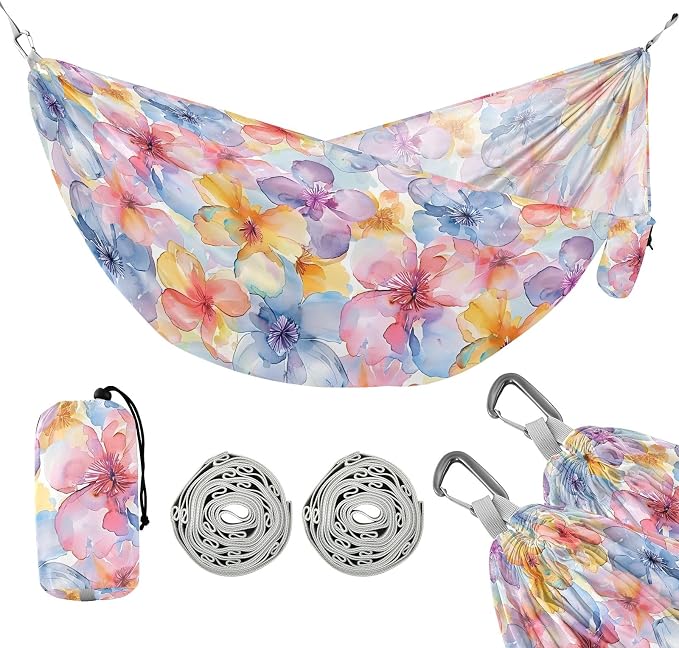Camping Hammock Outdoor Hammocks for Outside Watercolored Flower Beach Trees Portable Lightweight with Pockets Tree Straps Indoor Small