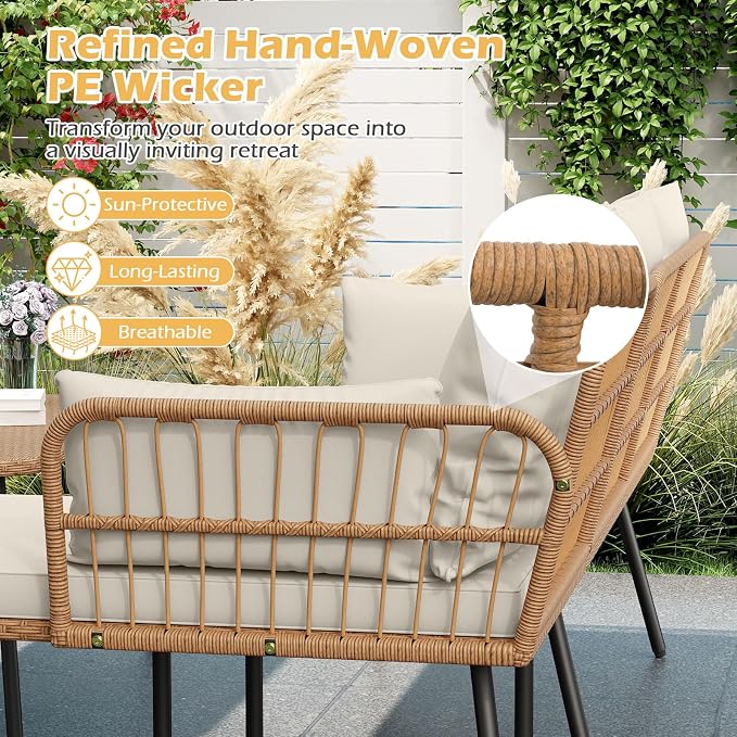 Tangkula 3 Pieces L-Shaped Patio Furniture Set, Outdoor Sectional Cushioned Sofa with Coffee Table, Removable Cushions, Boho Rattan Outdoor Conversation Set for Backyard Porch Balcony (White)