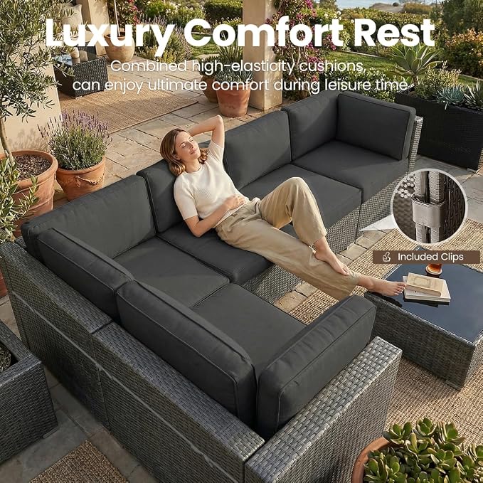 15 Pieces Patio Furniture Set with 44" Propane Gas Fire Pit Table, Outdoor Sectional Wicker Conversation Sofa Sets with Coffee Table