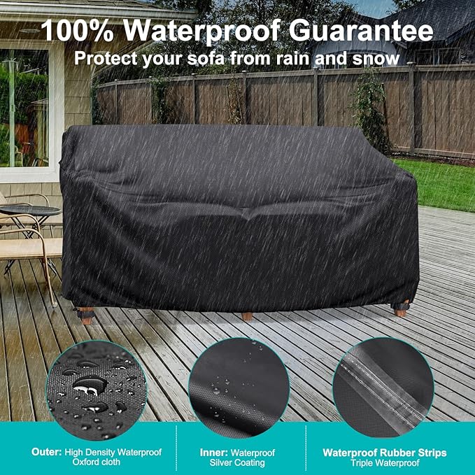 Patio Sofa Cover Waterproof - Heavy Duty 2-Seater Outdoor Couch Cover Patio Furniture Covers with Air Vent and Handles, 60" L×34" D×30" H, Black