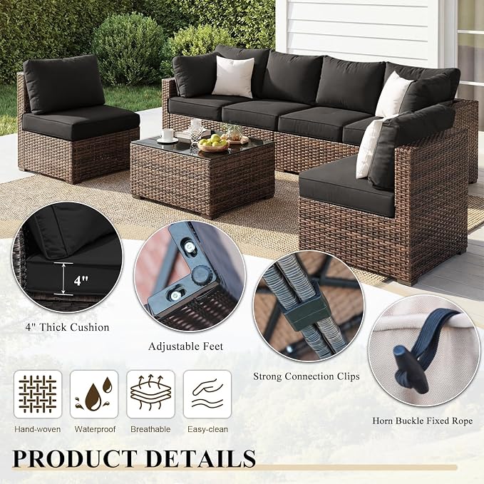 7 Pieces Patio Furniture Set, Rattan Outdoor Sectional Conversation Sets, All Weather Outdoor Furniture Set with Cushions for Garden Lawn Balcony Porch Deck, Black