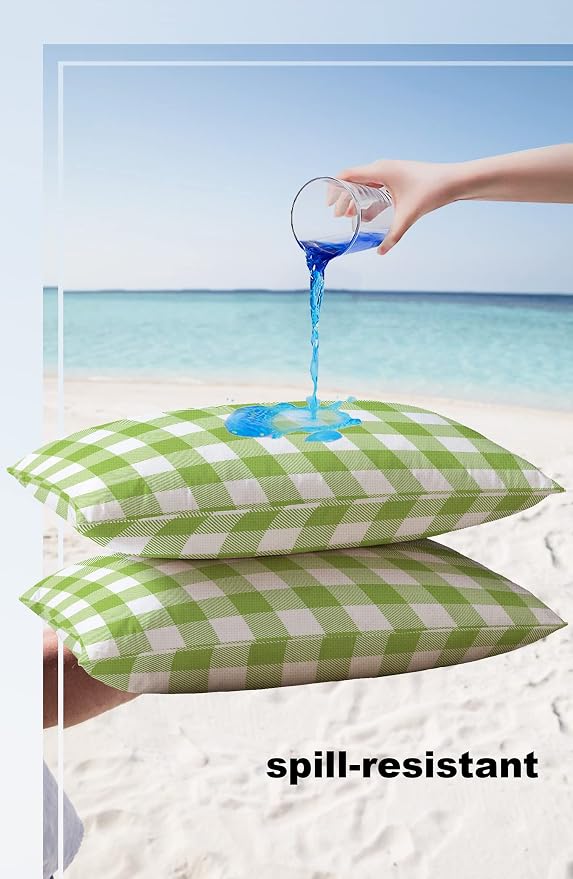 Outdoor Waterproof Throw Pillow Covers Set of 2 Sage Green Buffalo Check Plaid Lumbar Pillowcases 20x12 Inches Farmhouse Style Patio Decorative Pillows Cushion Case Patio Pillows for Couch Bed Garden
