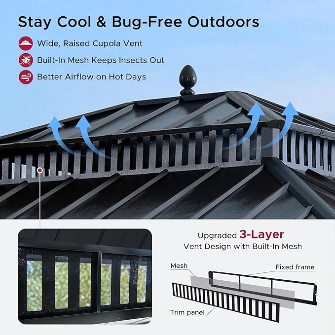 SUNJOY Kingston 12' x 10' Hardtop Wood Gazebo with Galvanized Steel Double Roof, Curtain and Netting, Cedar Posts Permanent Pavilion Gazebo for Garden, Patio, Deck, Lawn