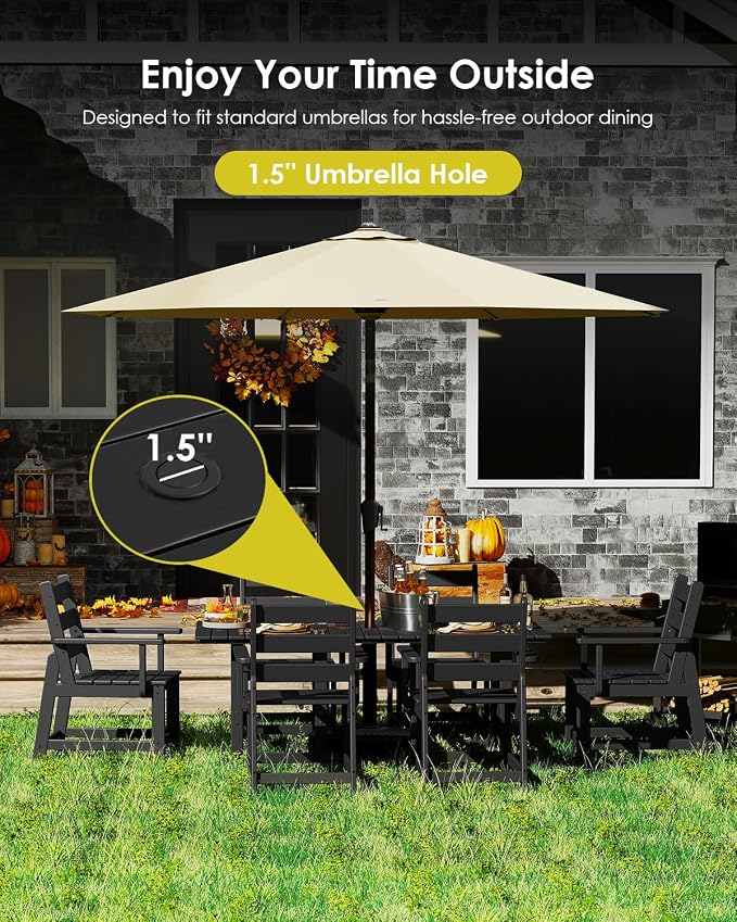 GREENVINES 7-Piece-Outdoor-Table-and-Chairs | HDPE | Patio Furniture | Dining Sets for 6 | Removable Armrests | All Weather | Connectable Tables | for Backyard Poolside Garden | Black