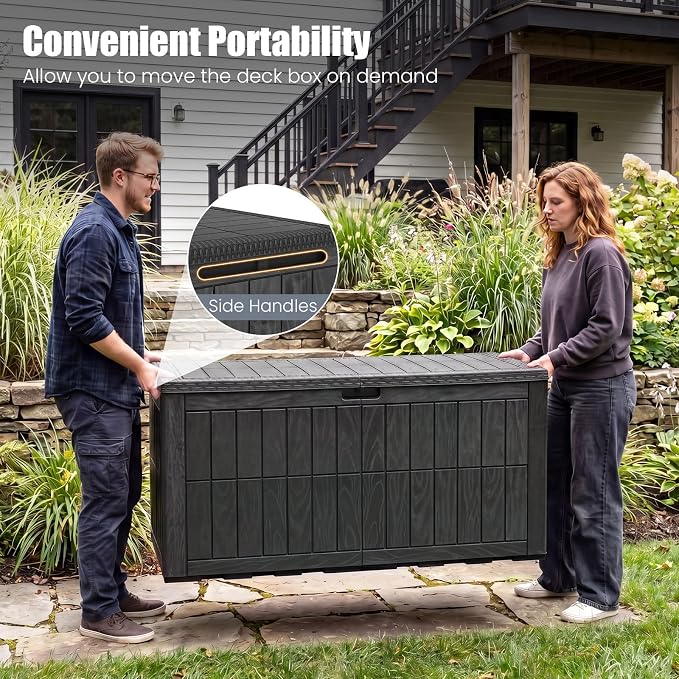 HAPPYGRILL 120 Gal Outdoor Deck Box, Lockable Storage Bin with Lid and Handles, Waterproof and Sun-Protective Patio Bench and Storage Box for Garden Tools Pool Supplies (Black, 120Gallon)