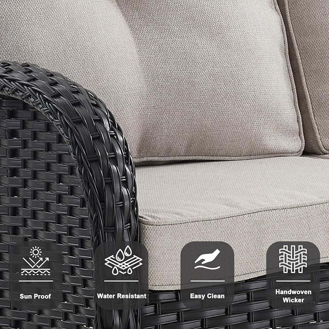 Belord 5-Piece Patio Furniture - Outdoor Conversation with Deep Seating Swivel Rocker Chairs Loveseat and Rattan Coffee Table, Black with Beige Cushion