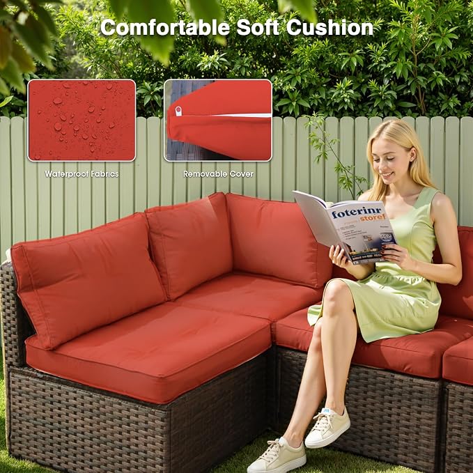 11 Piece Patio Furniture Set All Weather PE Rattan Outdoor Sectional Sofa Couch with No-Slip Cushions and Glass Top Table for Garden, Poolside, Backyard (Red)