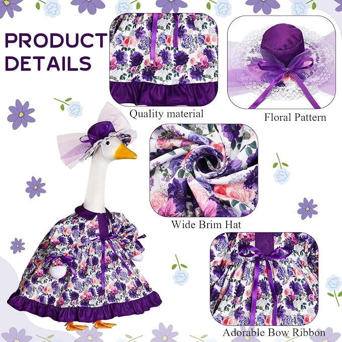 Spring Flower Goose Outfit Daisy Rose Floral Dress for 23'' Cement Plastic Goose Statue for Valentines Day Summer Outdoor Garden Yard Patio Lawn Decor (Purple Flower)