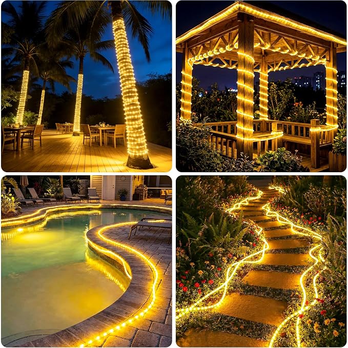 Solar Rope Lights, 20FT 60 LED Solar Fairy Lights with 8 Lighting Modes, IP65 Waterproof Strip Light Outdoor for Garden Yard Patio Deck Fence Tree Party Holiday Decoration, Warm White
