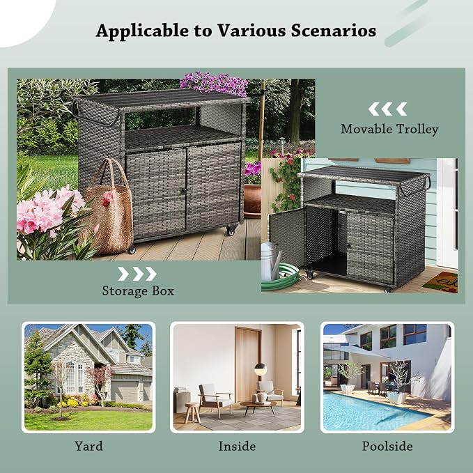 Outdoor Bar Cart, Patio Storage Grill Cart with Handles, Waterproof Liner and 4 Universal Wheels, Fade-resistant PE Rattan Storage Box for Cushions, Gardening Tools, Outdoor Deck Box, Gray