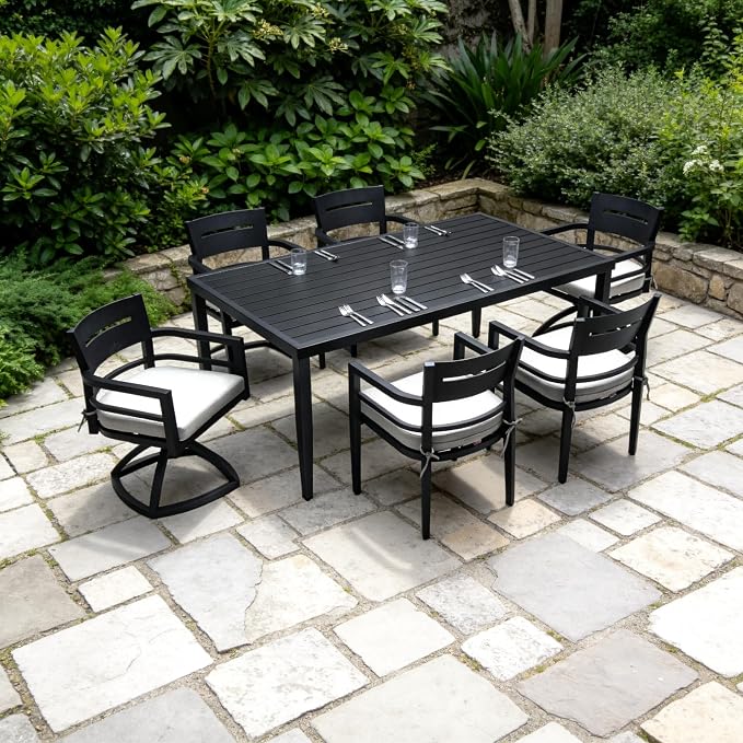 7-Piece Outdoor Patio Aluminum Furniture Set, 70” Rectangle Dining Table with Umbrella Hole and 2 Swivel Rockers Chairs & 4 Dining Chairs, Modern Dining Set for Backyard, Garden
