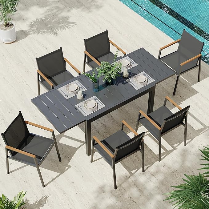 Outdoor Aluminum Patio Dining Table Set for 6 Person, Expandable Outdoor Table and 6 Chairs with Textilene Fabric & HDPS Armrest, All-Weather Patio Furniture Set for Yard, Garden, Gray