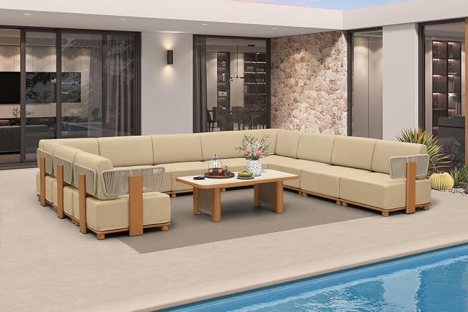 PURPLE LEAF Patio Furniture Set Modular U-Shaped Outdoor Sectional Sofa with 11" Thick Olefin Cushion 11-Piece Outdoor Conversation Set with Table for Backyard Garden Poolside, Beige