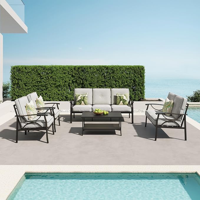 RoyalCraft Outdoor Patio Furniture Set, 5 Piece Patio Conversation Set with Coffee Table, Metal Furniture Set for Porch Backyard Garden, Black