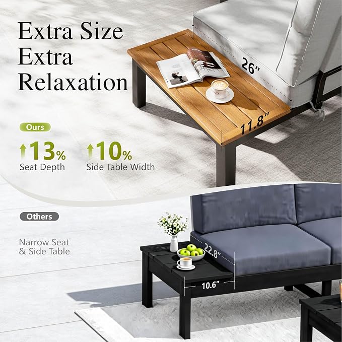 Sophia & William 6 Pieces Patio Furniture Set with Cushion, Metal Outdoor Sectional Sofa, Patio Conversation Sets with Wood Side Table, Modular Outdoor Seating Furniture for Backyard Deck Front Porch
