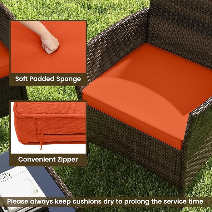ORALNER 4 Pieces Patio Furniture Set, Rattan Chairs Loveseat with Soft Cushion and Glass Table, Outdoor Wicker Conversation Set for Balcony Garden Backyard Porch Poolside (Orange)