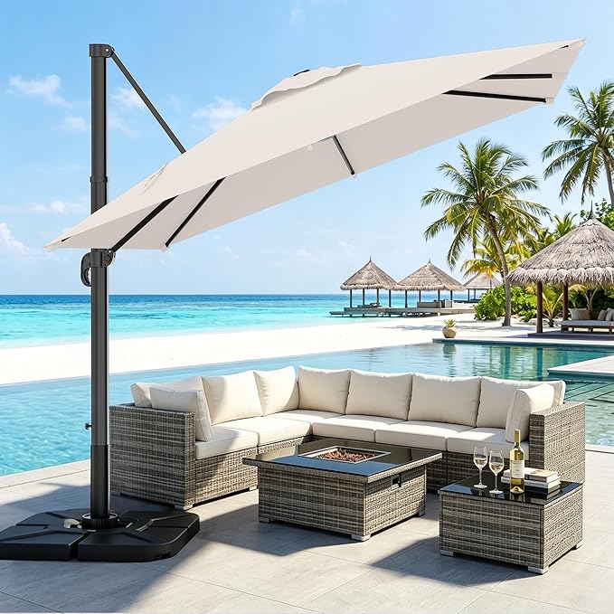 AreShark 9 × 9FT Square Cantilever Patio Umbrella with Base Included, 360° Rotation Offset Outdoor Umbrella, 5 Tilt Settings Heavy Duty Hanging Parasol for Deck Garden Pool, Cream White