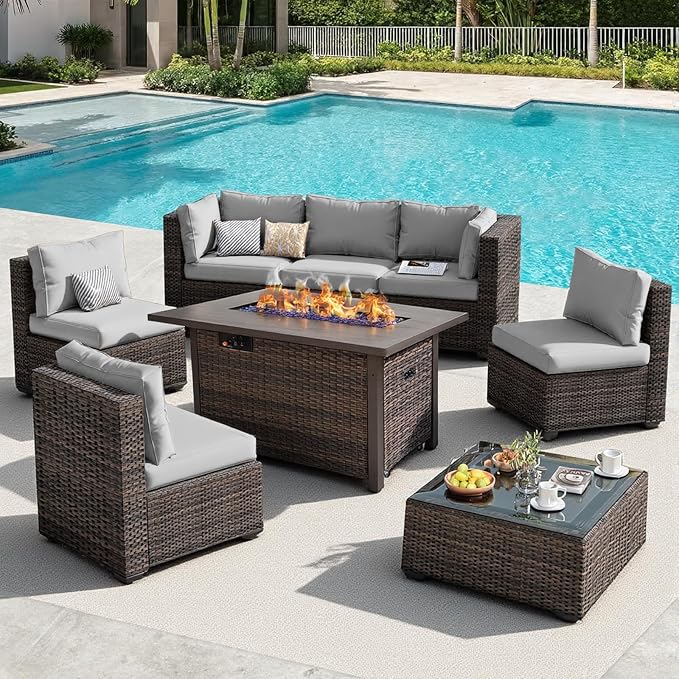 Patio Furniture Set, 8 PCS Outdoor Sectional Patio Furniture Set with 42" Fire Pit Table, Rattan Wicker Sofa Couch for Garden Backyard Deck Poolside, Grey