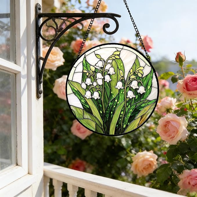 DASTOLL Stained Glass Window Hanging, Lily of the Valley Flower Sun Catchers Colorful Glass Panel Green Plants Suncatcher Decor for Birthday for Women,Men,Wife, Lovers, and Mom 6.3 in
