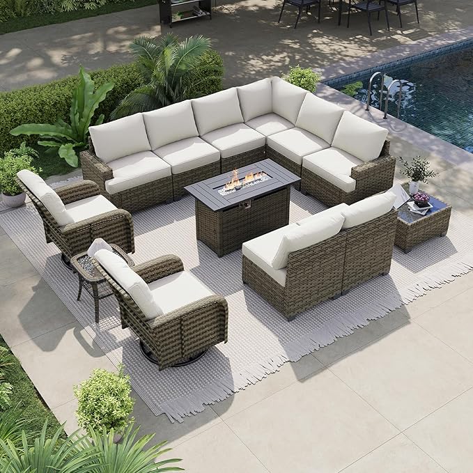 LazySunsets Luxury Patio Furniture Set with Fire Pit Table，All-Weather Patio Sectional Sofas with Thickened Cushions, 13 Piece Outdoor Furniture Sectional Set with Swivel Rocker Chairs of 2，Beige
