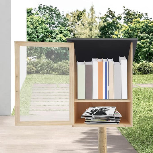 Outdoor Library Box, 16x14.5x22.6inch Wood Literature Exchange Box DIY Little Wood Cabinet with Waterproof Roof and Shelf for Outside Neighborhoods Community and Schools Sharing Books (Sloped Roof)
