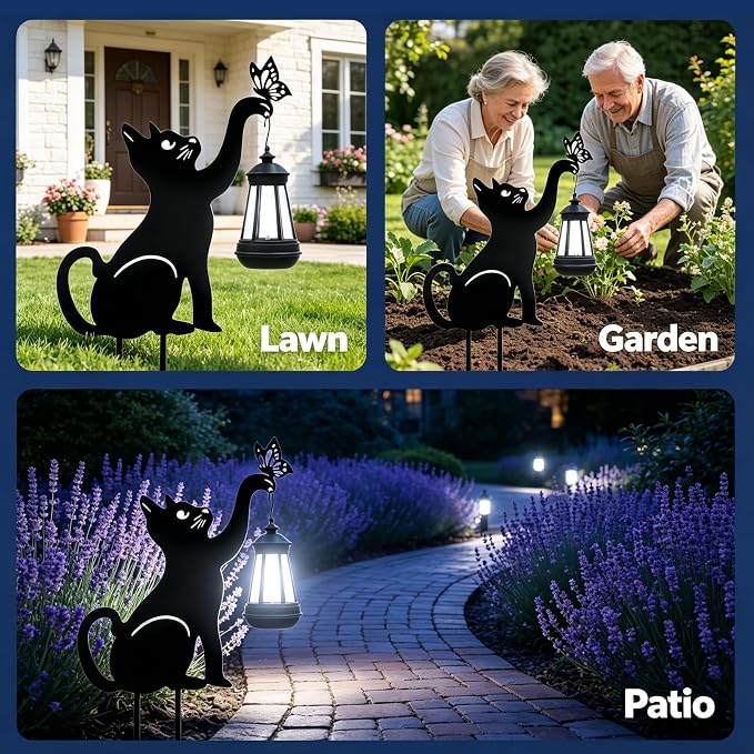 2 Pcs Black Cat Solar Lights Outdoor - Cat Lover Gifts for Mom Woman Grandma,Garden Decor with Butterfly Decorative Metal Stake Housewarming Ornament for Yard Pathway Lawn Patio