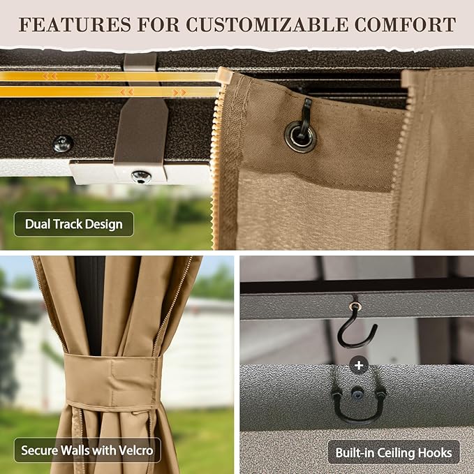 EAGLE PEAK 12x20 Hardtop Gazebo, Galvanized Steel Double Roof with Aluminum Frame, Outdoor Pavilion with Netting and Curtains for Patio, Deck, Lawn and Garden, Dark Brown/Tan