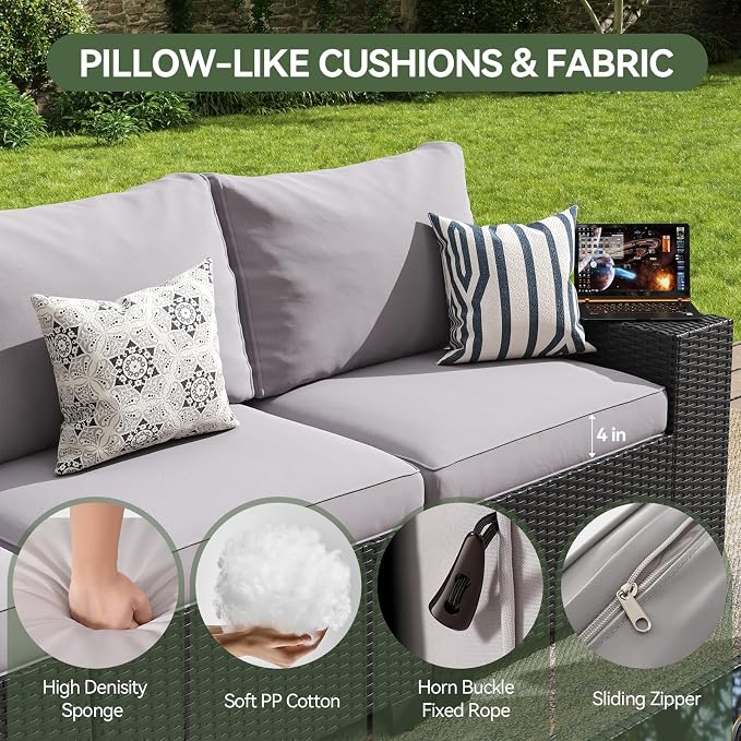 Aoxun Patio Furniture Set, 9 Pcs Outdoor Patio Furniture Sets with 4 in Thicken Cushion, Widen Armrests Wicker Outdoor Sectional for Backyard & Garden, Grey