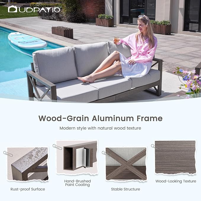 UDPATIO Aluminum Patio Furniture Set, Faux Wood Grain Modern Outdoor Furniture, 6" Cushions Metal Patio Conversation Sofa with Coffee Table for Poolside Deck, 5 PCS, Beige(Include 600D Covers)