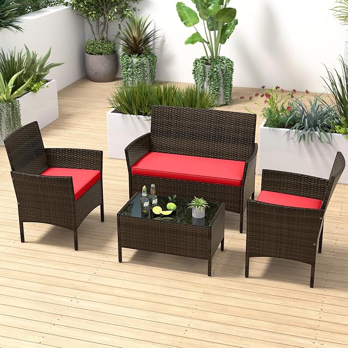 RELAX4LIFE 8-Piece Patio Furniture Set - Rattan Outdoor Conversation Bistro Set w/Cushions, Glass Coffee Table, Wicker Chairs & Loveseat for Garden Backyard Porch, Balcony Furniture Set (2, Red)