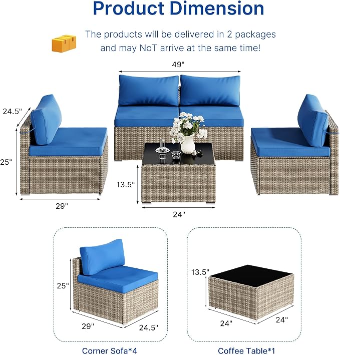 Tradare 5 Piece Patio Furniture Set, Outdoor Wicker Patio Sofa Set, PE Rattan Sectional Couch with Glass Table and Blue Cushions, All-Weather 5 Piece Outdoor Patio Furniture Sets, Grey