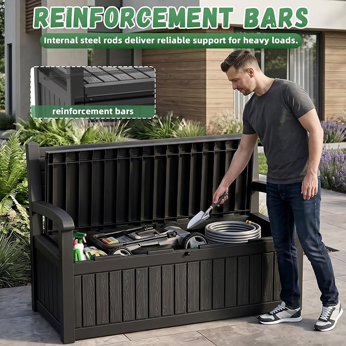80Gal Resin Outdoor Deck Storage Bench, Lockable Waterproof UV Protected Patio Box, Weatherproof Porch Pool Garden Furniture for Yard Tools & Seat Cushions, Black