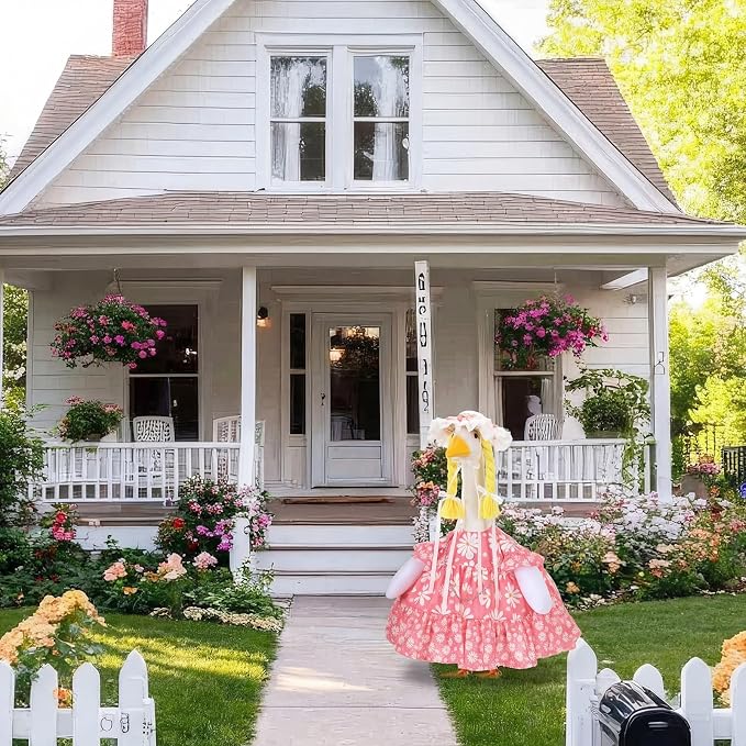 Spring Summer Pink Daisy Porch Goose Outfit for 23'' Goose Clothes Bee Pink Skirt with Hat for Spring Summer Outdoor Garden Yard Patio Lawn Decor(Daisy)