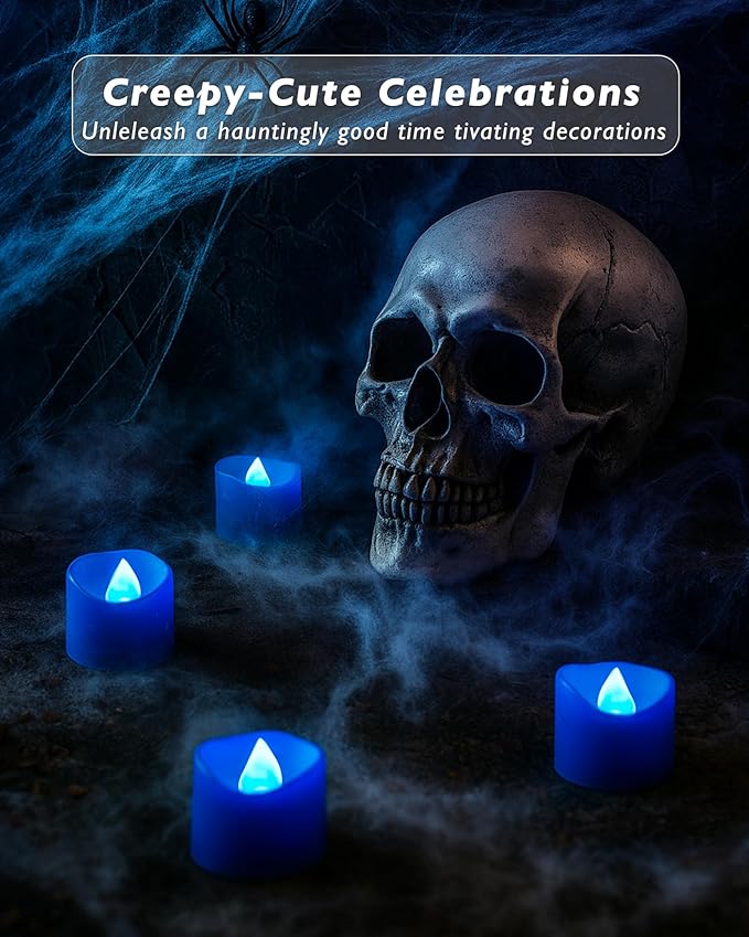 Raycare 24 Pack Blue Battery Operated Tea Lights, 200+Hour Electric Flickering Flameless Candles, Realistic Votive LED Tea Lights for Wedding Party Table Thanksgiving Christmas Decorations