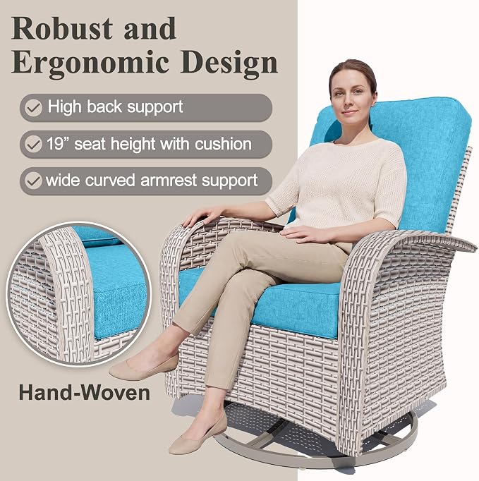 Patio Wicker Chairs Swivel Rocker, Outdoor Swivel Glider Rocker Chairs with Rattan Side Table, All Weather Conversation Set for Porch Poolside Balcony,Cyan