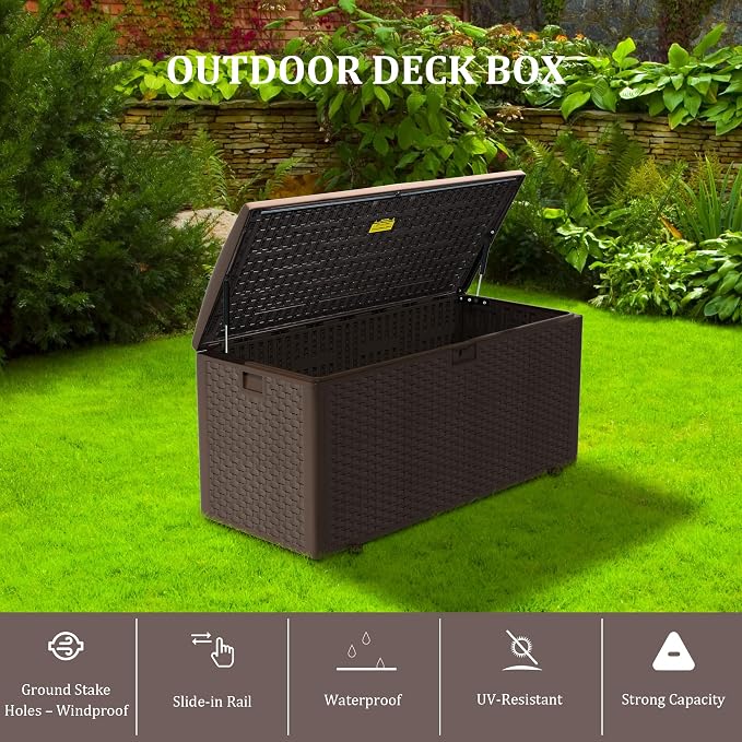 Outdoor Storage Box Waterproof, 180 Gallon Pro Lockable Resin Deck Box Large, Patio Storage Bin for Pool Accessories Cushion Furniture, Garden Tools, UV-Resistant Outside Delivery Brown