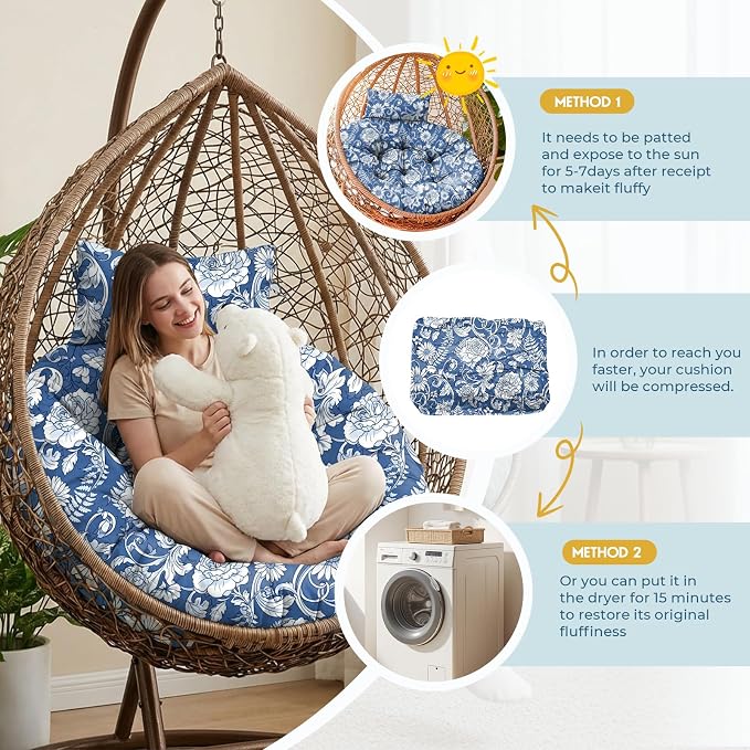 Outdoor Round Egg Chair Cushion Replacement, Waterproof 45" L x 45" W Thicken Hanging Swing Egg Chair Cushions with Headrest Pillow, Soft Wicker Basket Eggs Chairs Pad for Garden Offices (Blue Rose)