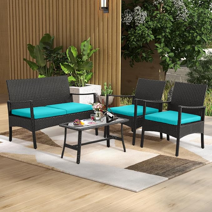 HAPPYGRILL 4 Pieces Patio Wicker Furniture Set PE Wicker Conversation Set, Rattan Sofa Chair with Cushions Tempered Glass Coffee Table, Outdoor Sectional Bistro Set for Poolside Backyard Lawn Garden