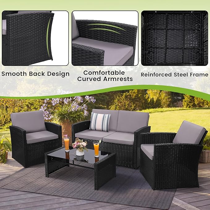 KROFEM 4-Piece Patio Furniture Set, Wicker Outdoor Rattan Sectional Sofa with Cushions and Glass Table, All-Weather Outdoor Conversation Set for Garden, Porch, Backyard, Patio, Black and Grey
