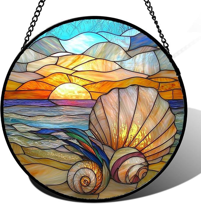 Stained Glass Window Hanging - Colorful Beach Shells Conch Sun Catcher for Door Home Decor Ocean Suncatcher Christmas Mother's Day Birthday Sea Lover Gifts for Women Men Mom Nana 15 in