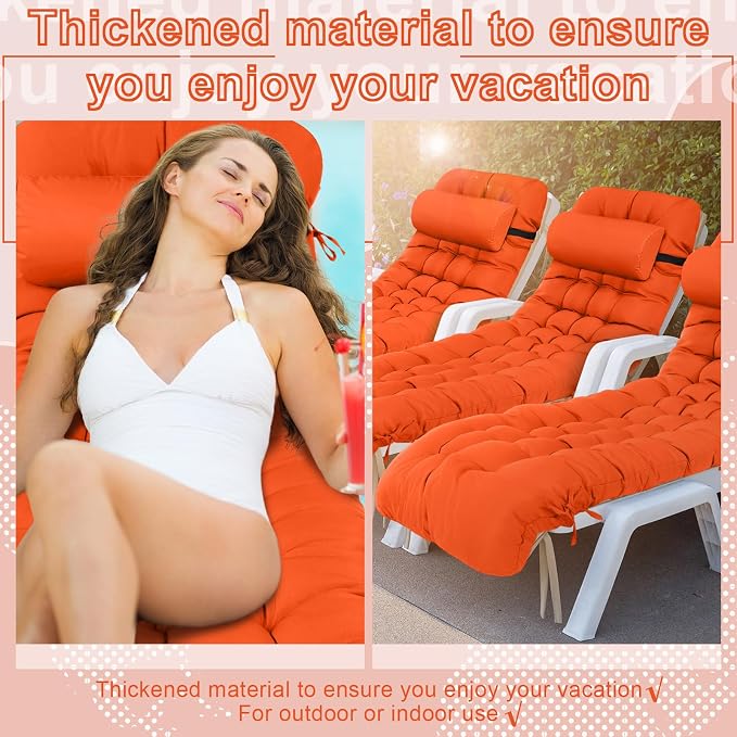 Tudomro Outdoor Chaise Lounge Cushion 66x21x4'' Waterproof & Fade-Resistant Patio Pool Chaise Lounge Cushion Headrest Pillow Tie Replacement Rocking High Back Chair(Bright Orange,Set of 2)