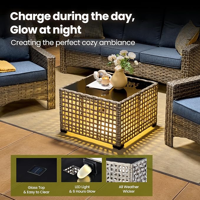 4 Piece Patio Furniture Set with Solar Light Coffee Table, Heavy Duty Wicker High Back Sofa Chairs with Thick Cushion, Small Outdoor Conversation Sets for Backyard Garden Porch, Denim Blue