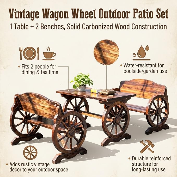 3 Pieces Patio Dining Set, Outdoor Wooden Rectangular Table and Benches,Rustic Wheel Bench Outside Furniture Set for Patio Porch,Deck, Lawn, Garden and Backyard(55in)