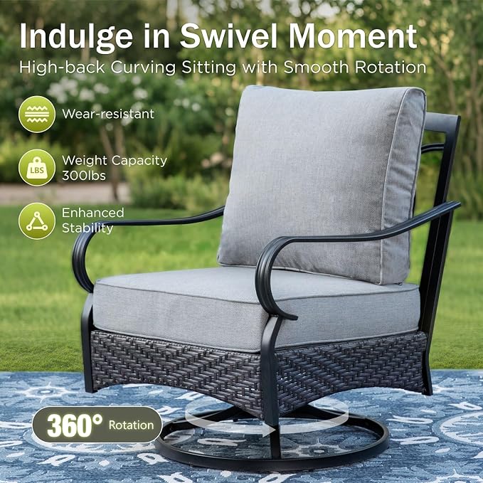 PHI VILLA Patio Furniture Set, Upgraded Wicker & Metal Outdoor Conversation Sets with 5.5" Thick Cushions and Coffee Table for Porch, Poolside, Yard (4 Pieces, Grey Cushion)